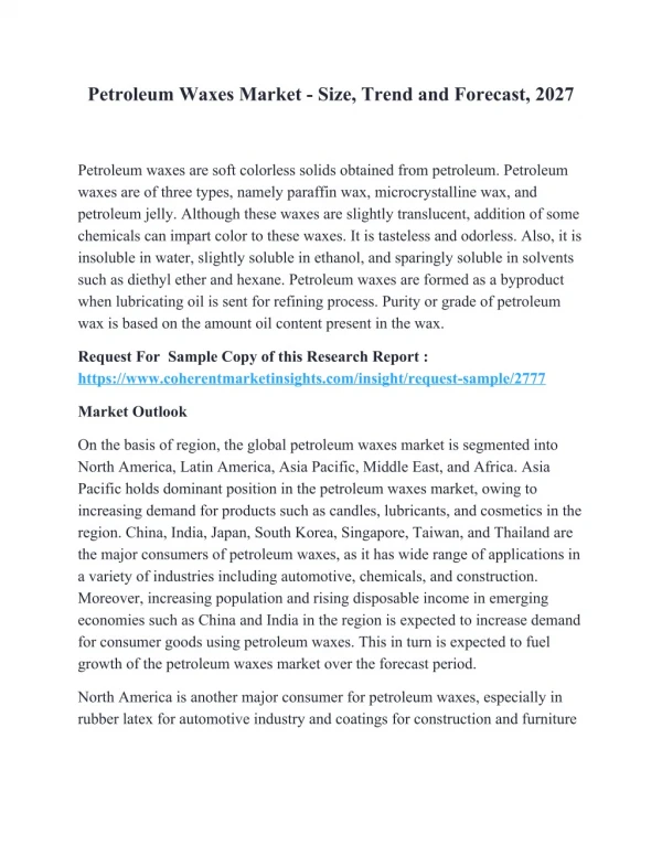 Petroleum Waxes Market - Size, Trend and Forecast, 2027