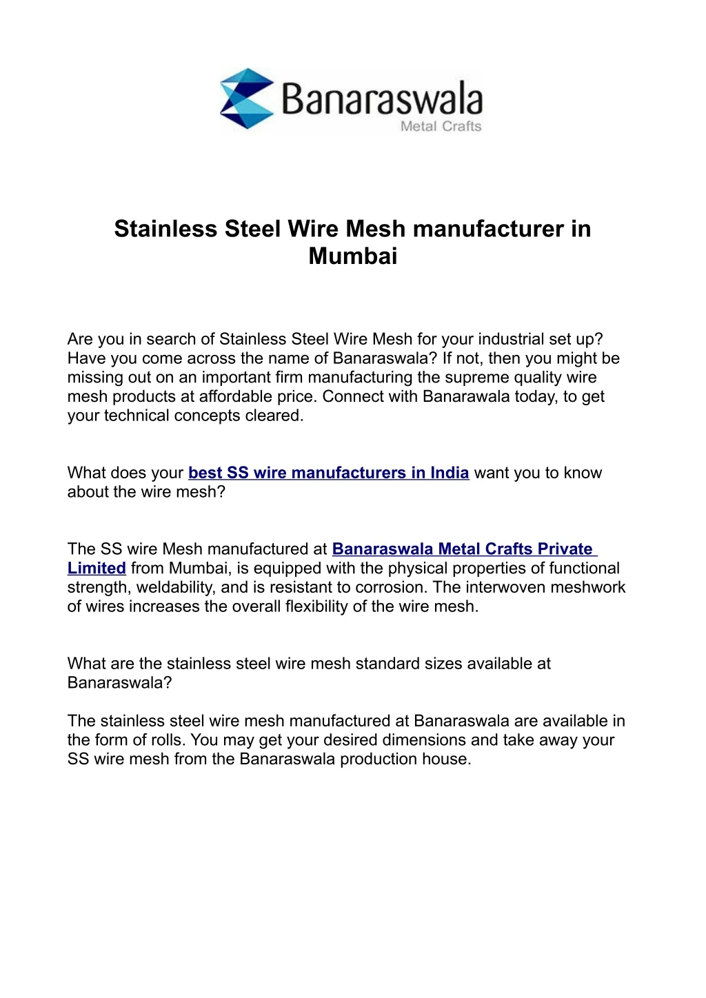 stainless steel wire mesh manufacturer in mumbai