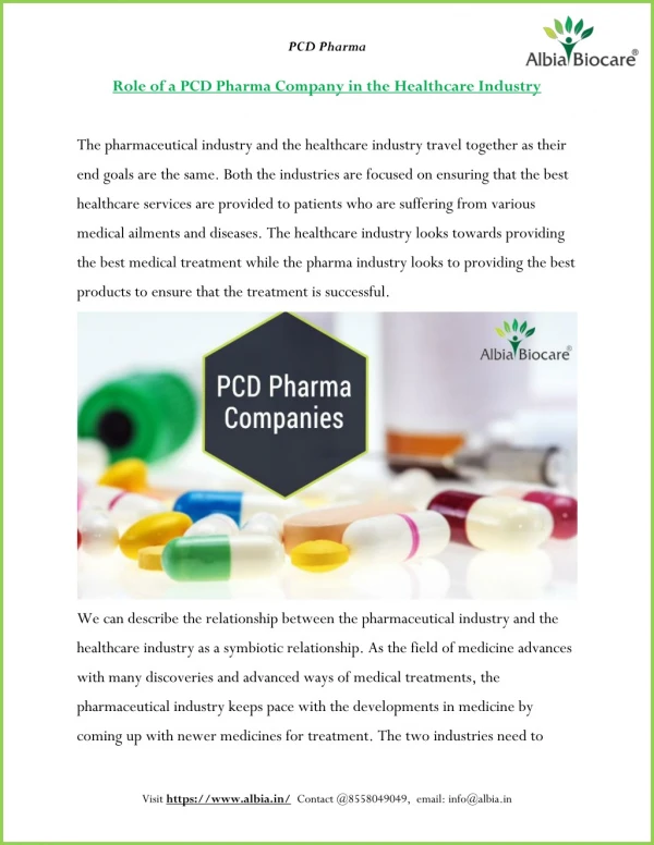 Role of a PCD Pharma Company in the Healthcare Industry | Albia Biocare