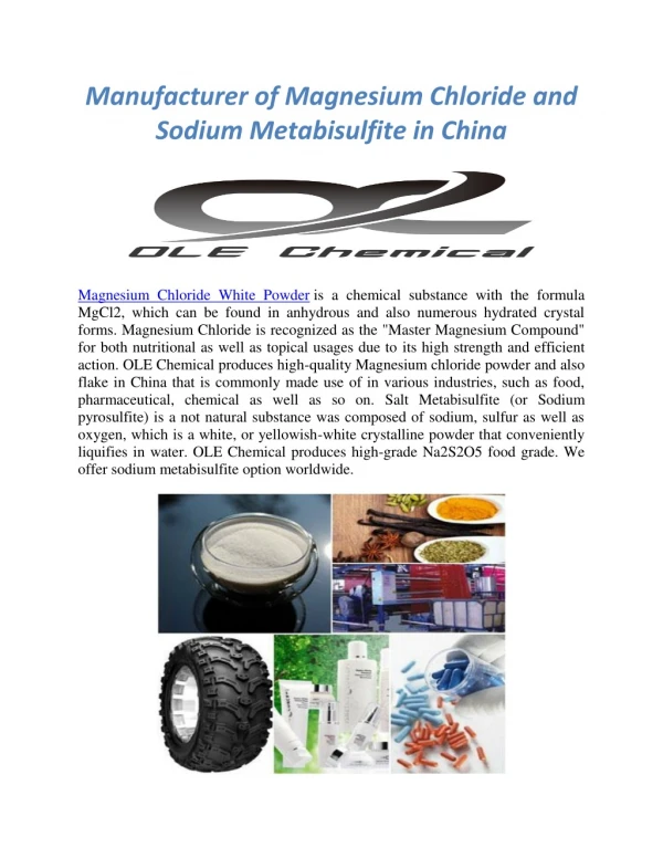 Manufacturer of Magnesium Chloride and Sodium Metabisulfite in China