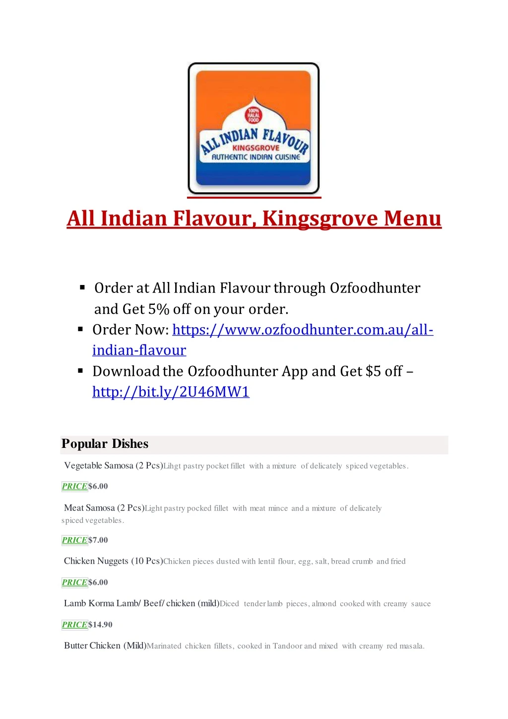 all indian flavour kingsgrove menu