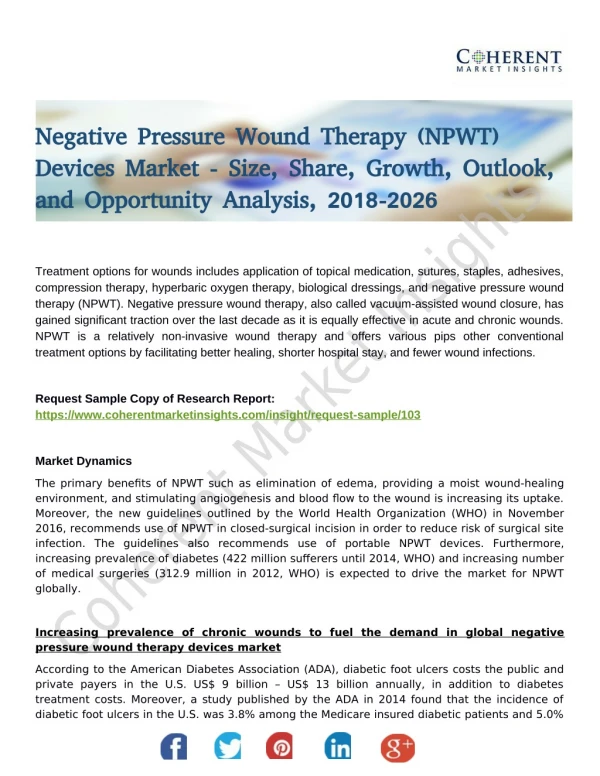 Negative Pressure Wound Therapy (NPWT) Devices Market Analysis based on Healthcare Applications 2018