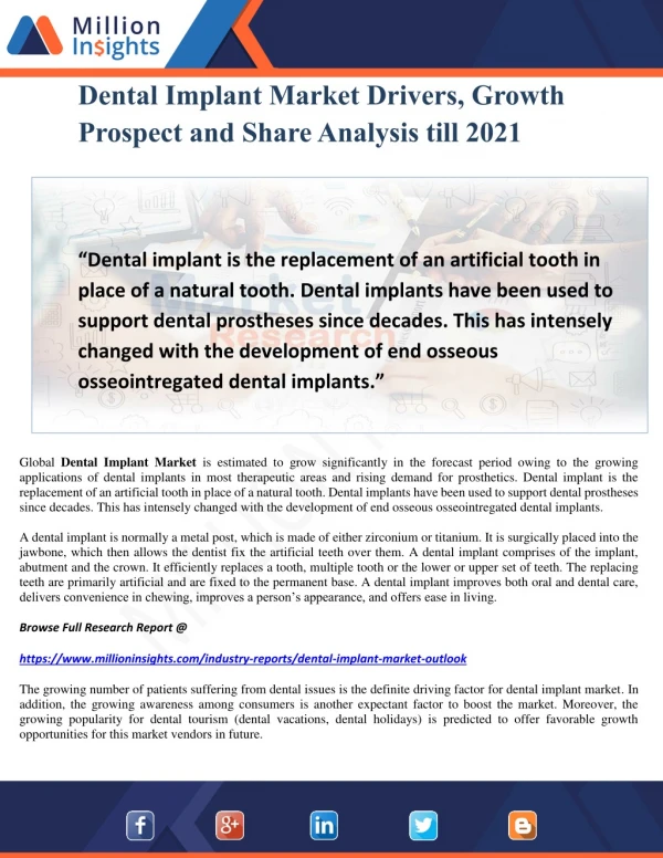 Dental Implant Market Drivers, Growth Prospect and Share Analysis till 2021