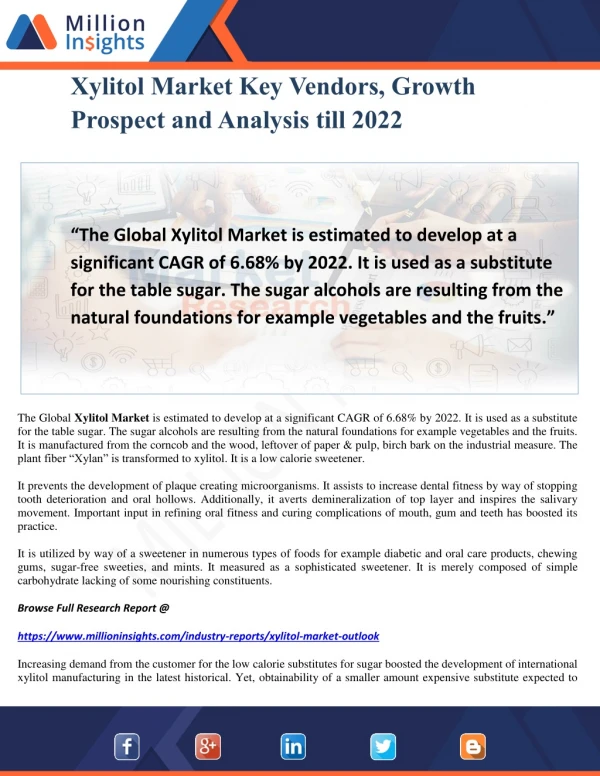 Xylitol Market Key Vendors, Growth Prospect and Analysis till 2022