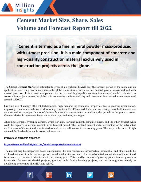 Cement Market Size, Share, Sales Volume and Forecast Report till 2022