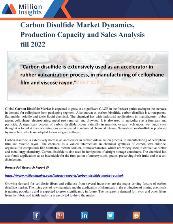 Carbon Disulfide Market Dynamics, Production Capacity and Sales Analysis till 2022