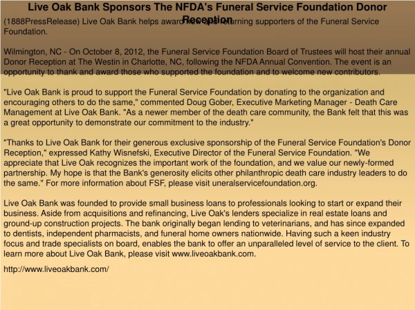 Live Oak Bank Sponsors The NFDA's Funeral Service Foundation