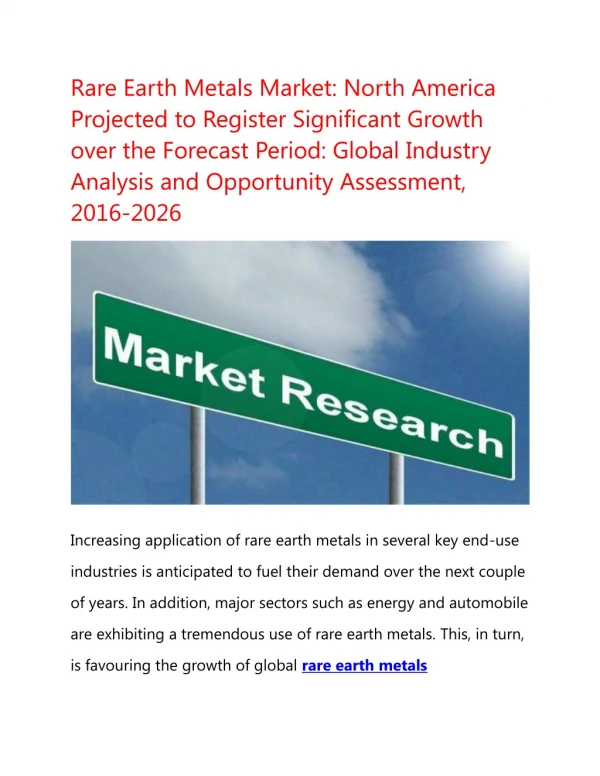 Global Rare Earth Metals Market to Approach US$ 3,257.3 Mn by 2026
