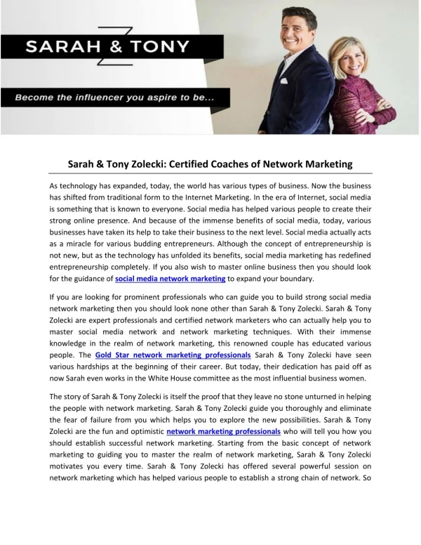 Sarah & Tony Zolecki: Certified Coaches of Network Marketing