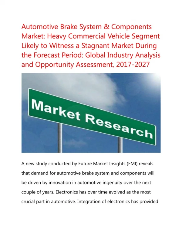 Global Automotive Brake System & Components Market Worth US$ 68 Bn by 2027