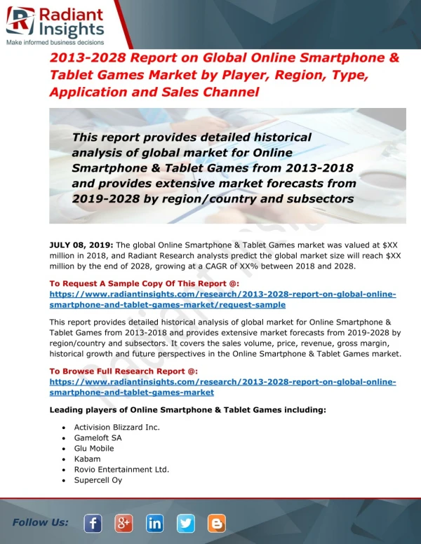 Global Online Smartphone & Tablet Games Market Overview by Trend, Challenges, Drivers and Applications Forecast to 2028