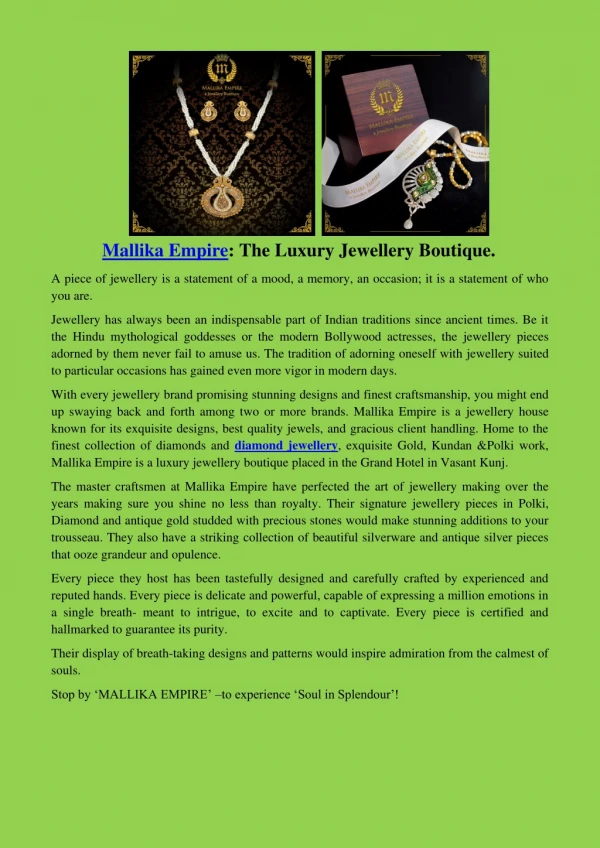 Mallika Empire - Best diamond & gold jwellery Boutique in Delhi NCR