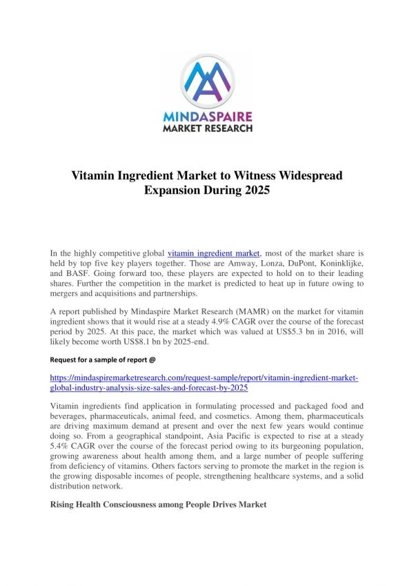 Vitamin Ingredient Market to Witness Widespread Expansion During 2025
