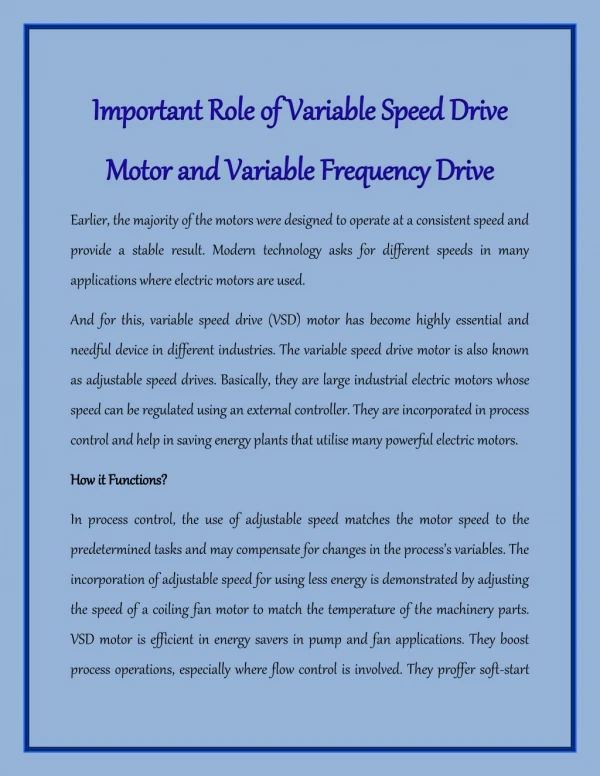 Important Role of Variable Speed Drive Motor and Variable Frequency Drive