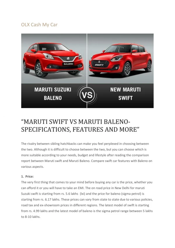 Maruti Swift vs Maruti Baleno- Specifications, Features and more