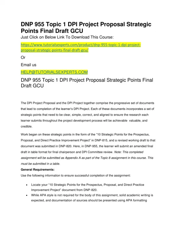 DNP 955 Topic 1 DPI Project Proposal Strategic Points Final Draft GCU