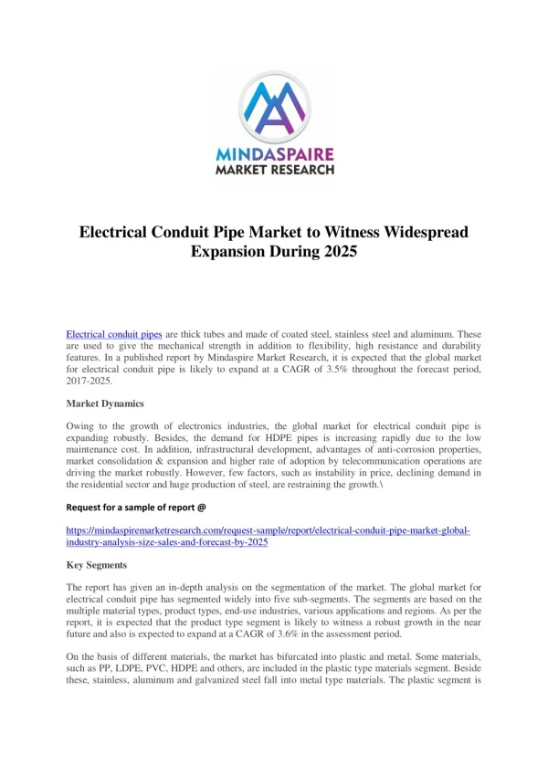 Electrical Conduit Pipe Market to Witness Widespread Expansion During 2025