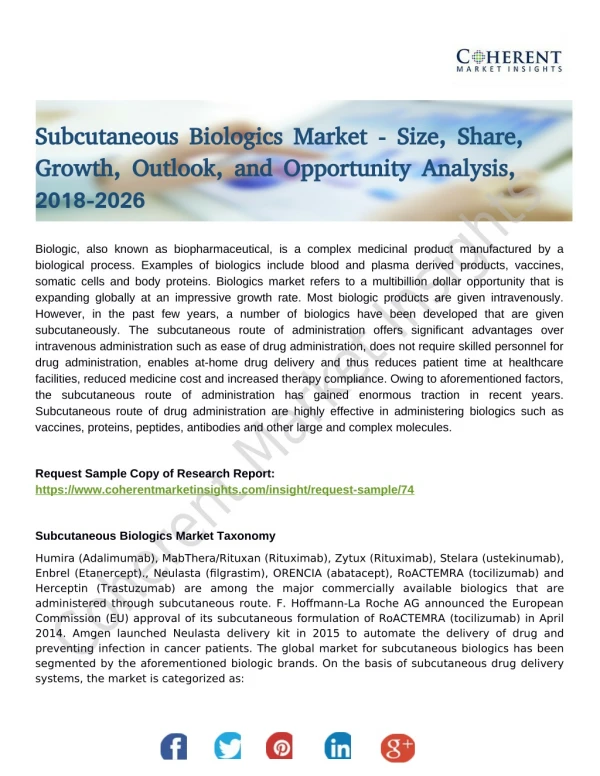 Subcutaneous Biologics Market is Expected to Gain Popularity Across the Globe by 2026