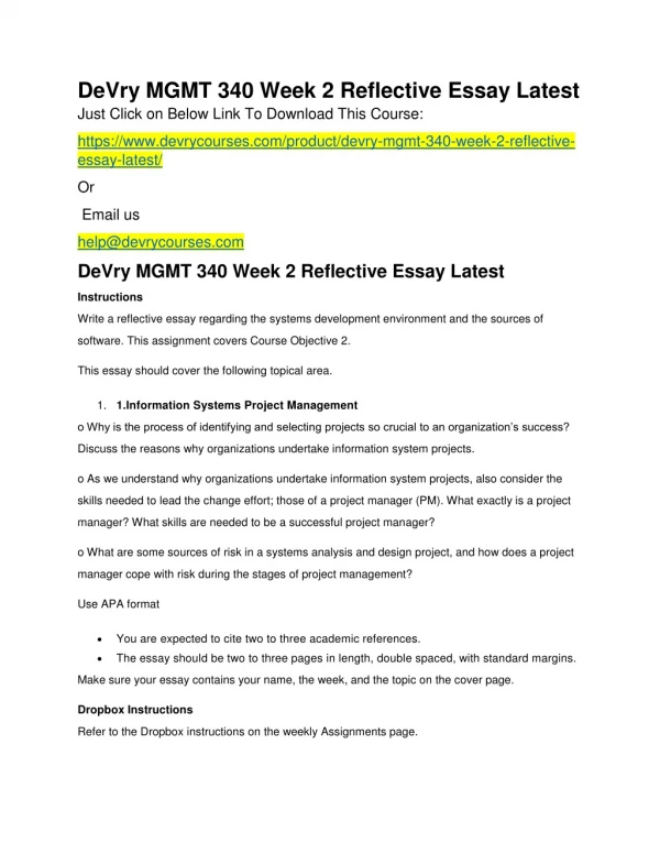 DeVry MGMT 340 Week 2 Reflective Essay Latest