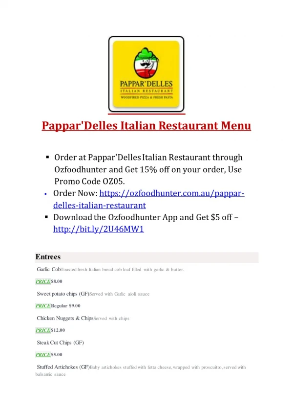 15% Off -Pappar'Delles Italian Restaurant-Bundaberg - Order Food Online