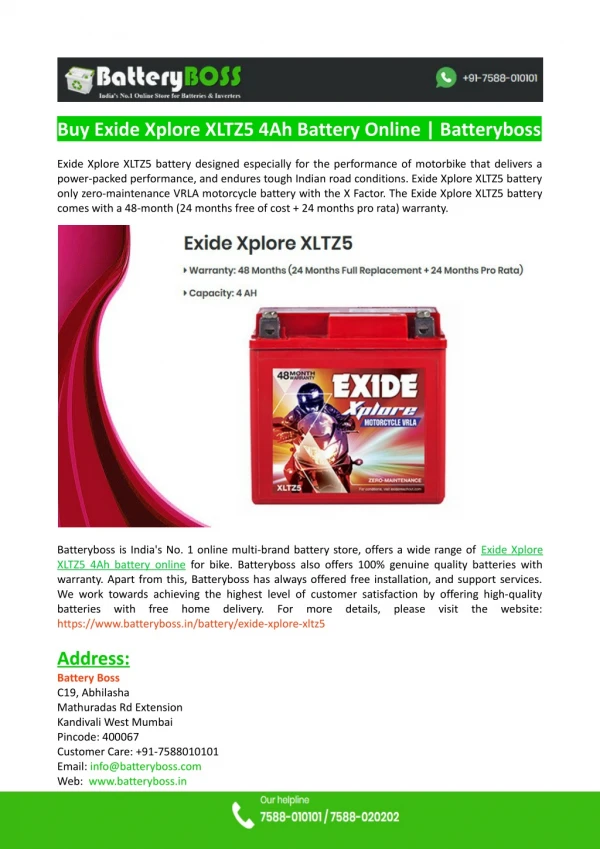 Buy Exide Xplore XLTZ5 4Ah Battery Online-Batteryboss