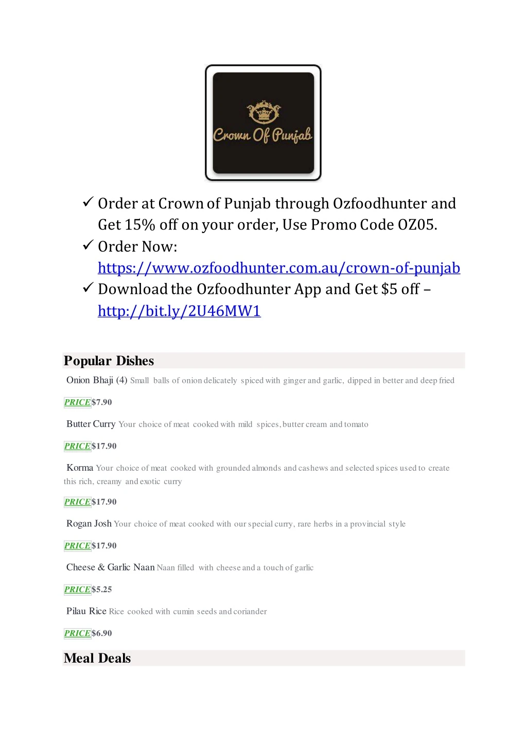 order at crown of punjab through ozfoodhunter