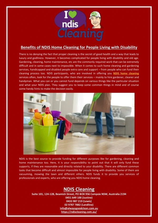 Benefits of NDIS Home Cleaning for People Living with Disability