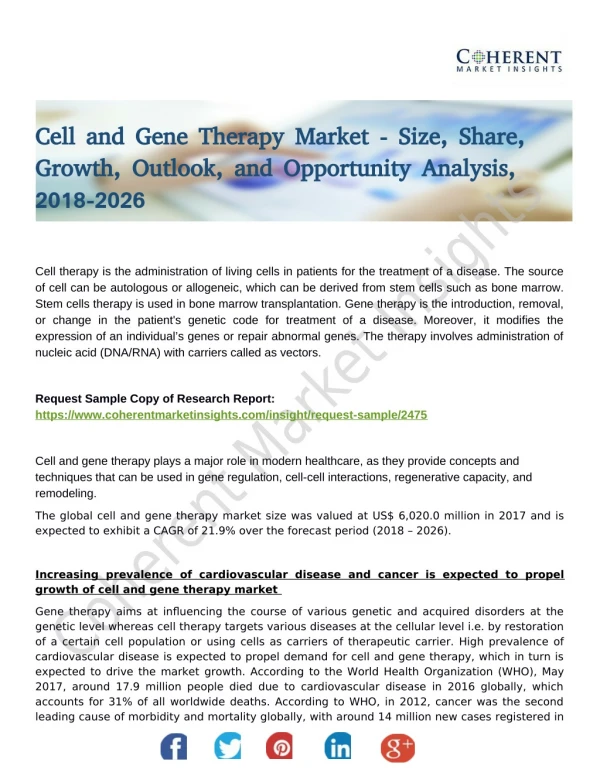 Cell and Gene Therapy Market Enhancement in Healthcare Sector 2018 to 2026