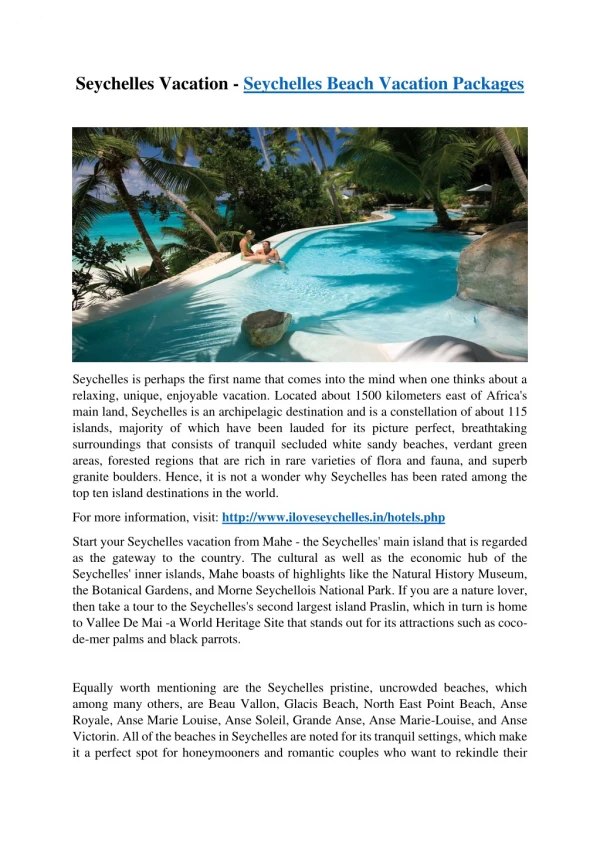Seychelles Vacation - Seychelles Beach Vacation Packages