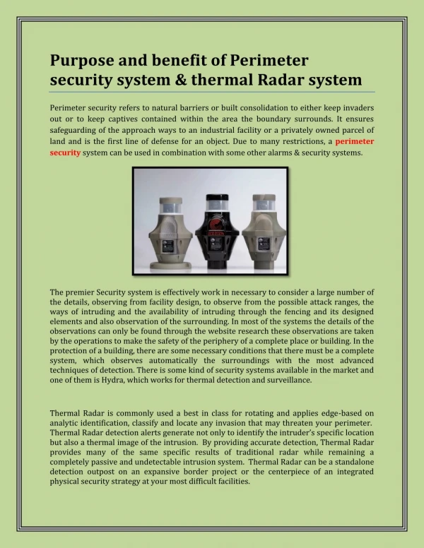 Purpose and benefit of Perimeter security system & thermal Radar system