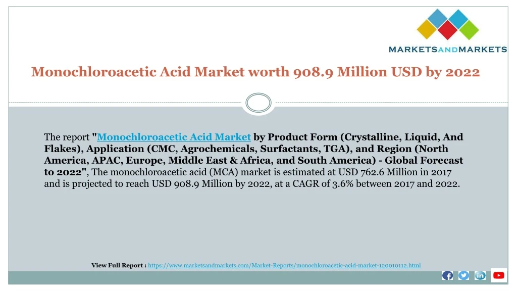 monochloroacetic acid market worth 908 9 million usd by 2022