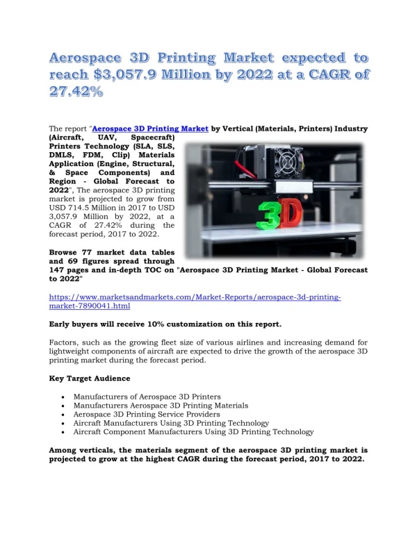 Aerospace 3D Printing Market expected to reach $3,057.9 Million by 2022 at a CAGR of 27.42%