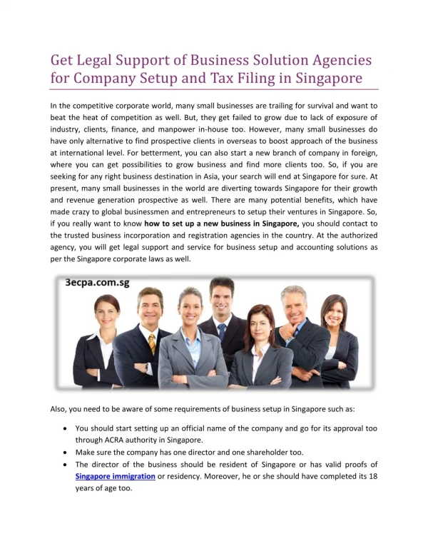 Get Legal Support of Business Solution Agencies for Company Setup and Tax Filing in Singapore