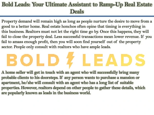 Bold Leads: Your Ultimate Assistant to Ramp-Up Real Estate Deals
