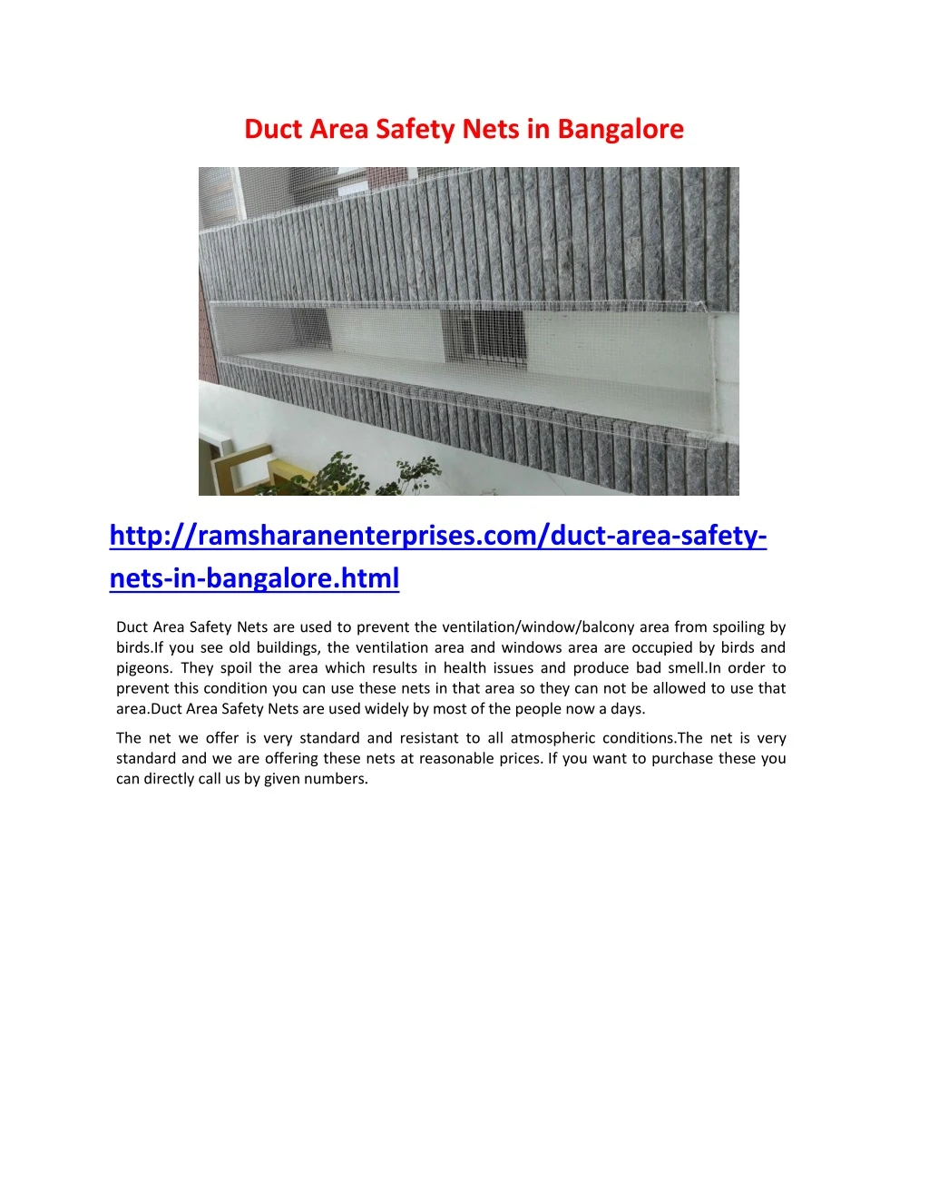 duct area safety nets in bangalore