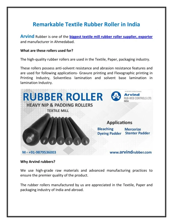 Remarkable Textile Rubber Roller in India