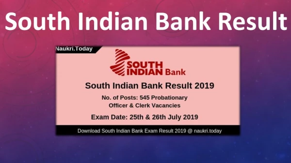 South Indian Bank Result 2019 for Probationary Officer (PO) & Clerk Post