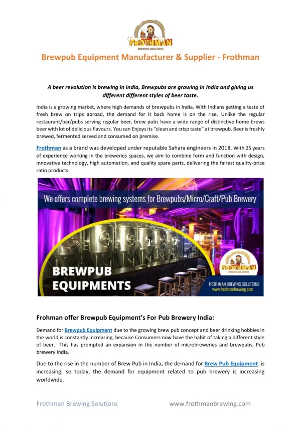 Brewpub Equipment Manufacturer & Supplier - Frothman