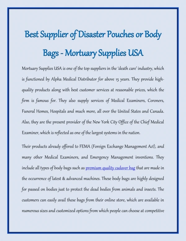 Best Supplier of Disaster Pouches or Body Bags Online - Mortuary Supplies USA