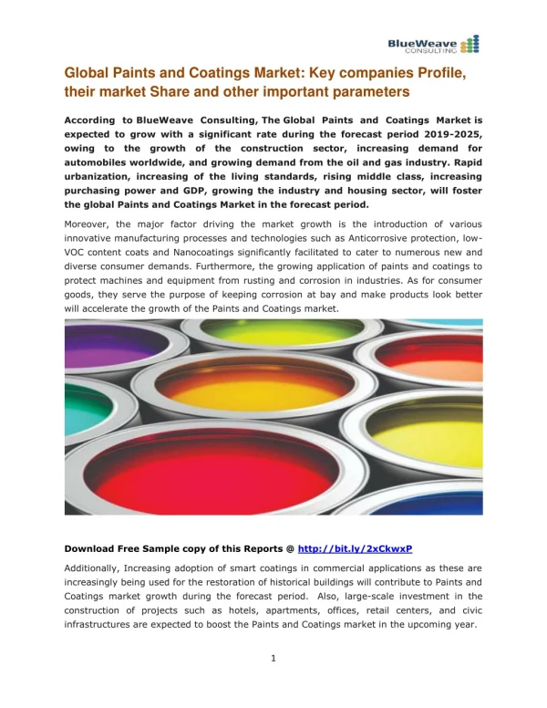 Global Paints and Coatings Market: Key companies Profile, their market Share and other important parameters