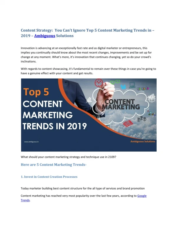 Content Strategy: You Can’t Ignore Top 5 Content Marketing Trends in – 2019 – Ambiguous Solutions in India