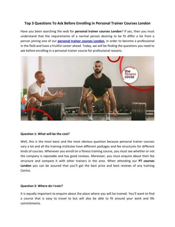 Top 3 Questions To Ask Before Enrolling in Personal Trainer Courses London