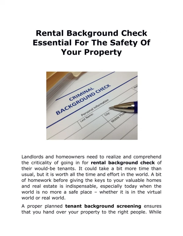 Rental Background Check Essential For The Safety Of Your Property