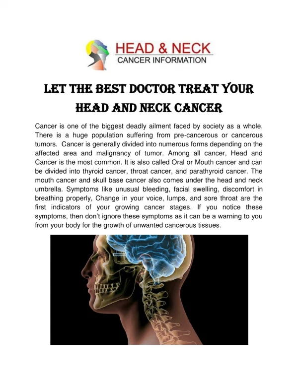 Let the best doctor treat your head and neck cancer