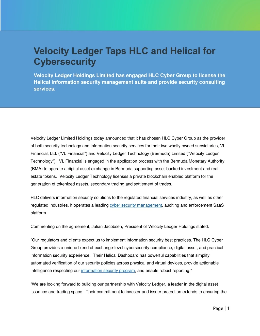velocity ledger taps hlc and helical