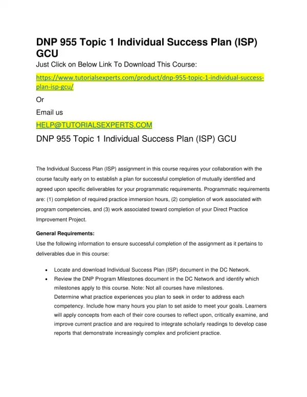 DNP 955 Topic 1 Individual Success Plan (ISP) GCU