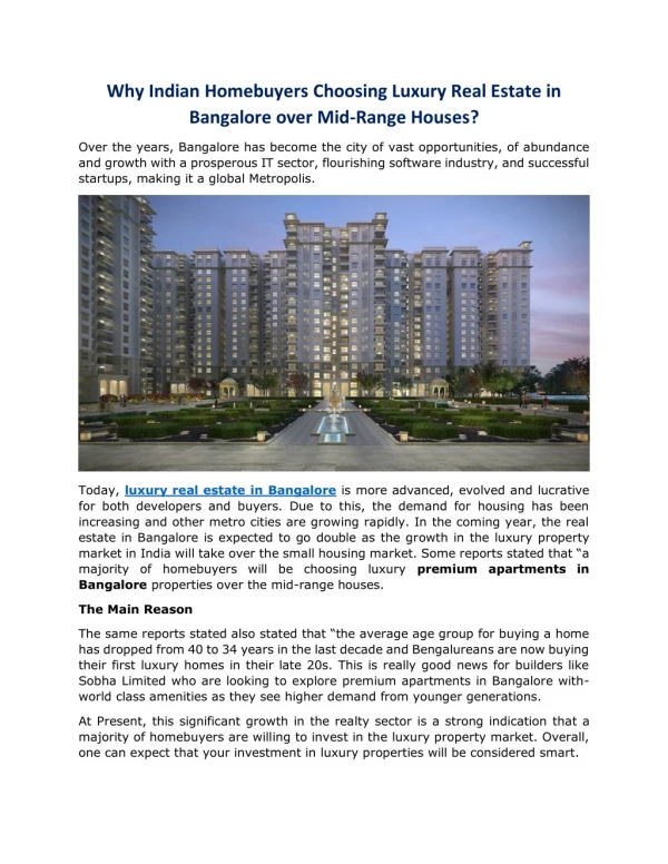 Why Indian Homebuyers Choosing Luxury Real Estate in Bangalore over Mid-Range Houses?