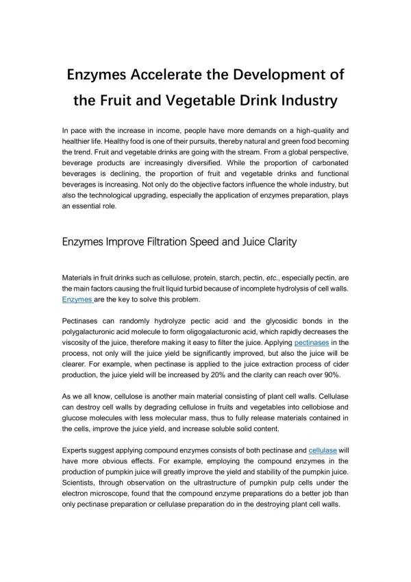 Enzymes Accelerate the Development of the Fruit and Vegetable Drink Industry