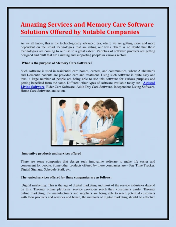 Amazing Services and Memory Care Software Solutions Offered by Notable Companies