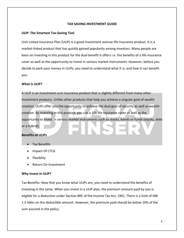 ULIP - Tax saving investment by Finserv Markets